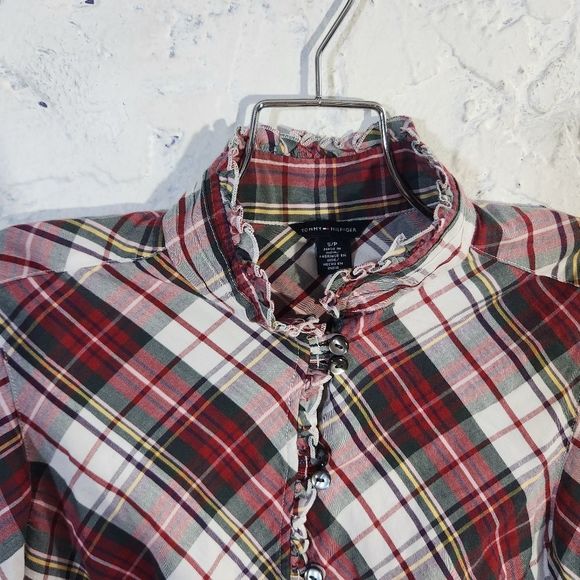 Tommy Hilfiger plaid red green white ruffle button down long sleeve blouse small - Picture 11 of 13